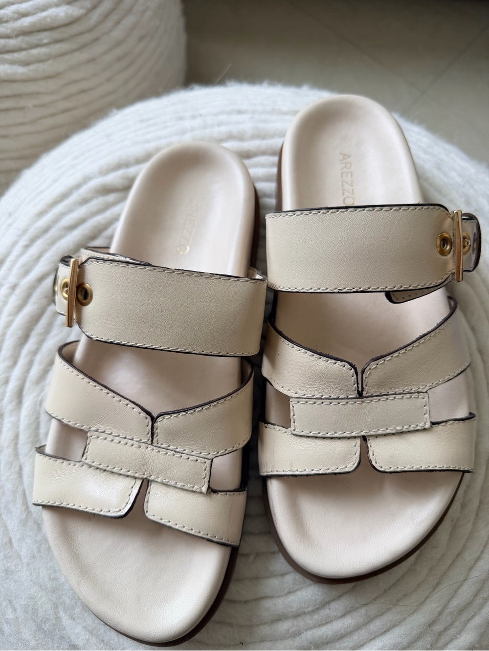 Arezzo Neutral Leather Slide Sandals with Gold Buckle
